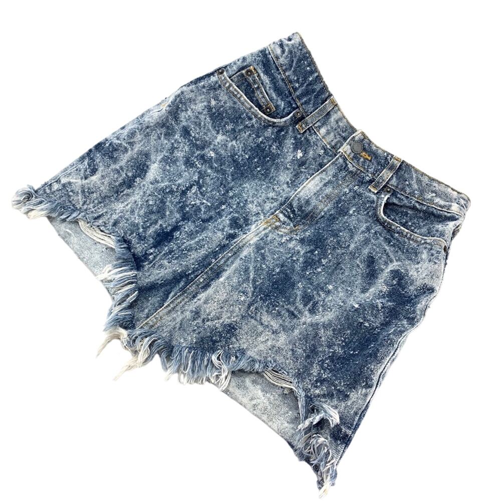 LF Carmar Destroyed Distressed Medium Acid Wash Denim Mini Skirt Size 26 Raw Hem